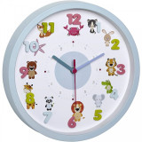 Ceas de perete pentru copii Little Animals TFA, cifre 3D, 30.9 cm, plastic, capac sticla