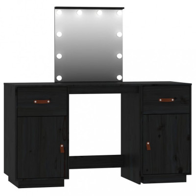 Set de masă de toaletă cu LED, negru, lemn masiv de pin foto