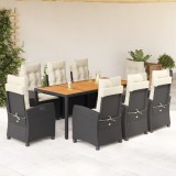 VidaXL Set mobilier de grădină cu perne, 9 piese, negru, poliratan