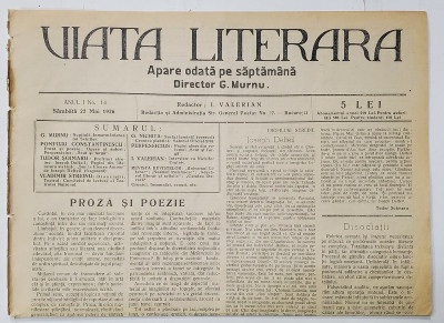 VIATA LITERARA , DIRECTOR G. MURNU , SAPTAMANAL , ANUL I , NR. 14 , 22 MAI , 1926 foto