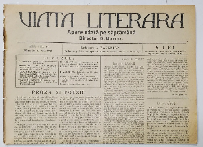 VIATA LITERARA , DIRECTOR G. MURNU , SAPTAMANAL , ANUL I , NR. 14 , 22 MAI , 1926