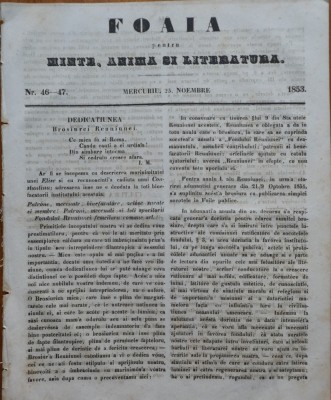 Ziarul Foaia pentru minte , inima si literatura , nr. 46 - 47 , 1853 foto