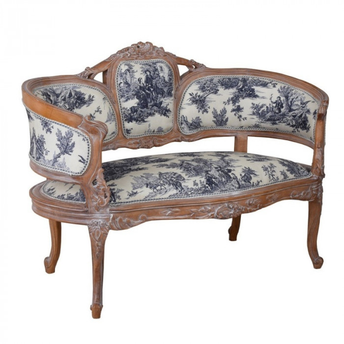 Sofa din lemn masiv mahon cu tapiterie alb cu albastru CAT099G33