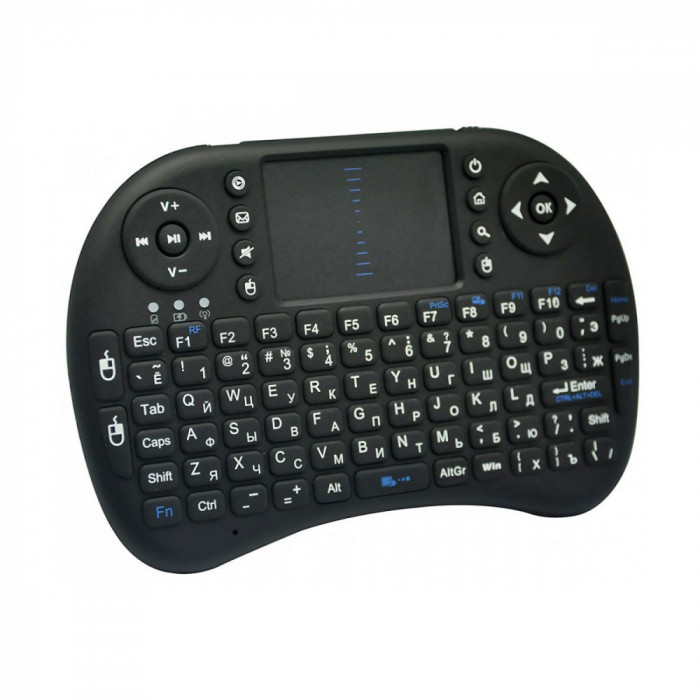 Mini Tastatura Rii I8 H0305 QWERTY Keyboard 2.4G Wireless cu mouse touchpad de culoare neagra pentru dispozitive Android Smart TV BOX Mini PC Media bo