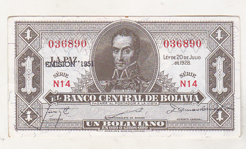 bnk bn Bolivia 1 boliviano 1951 xf.