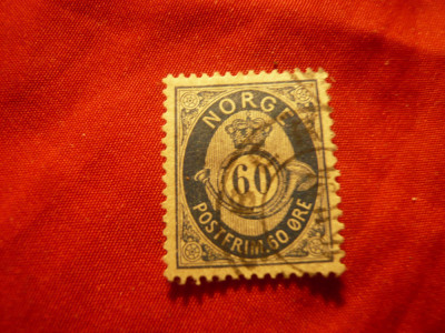 Timbru Norvegia 1877 - Uzuale Cifra si Corn Postal , val. 60 ore albastru stamp. foto