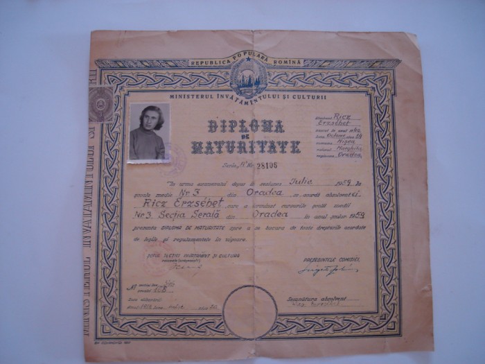 Diploma de maturitate, RPR, 1959