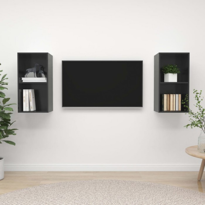vidaXL Dulapuri TV montaj pe perete, 2 buc., gri extralucios, PAL