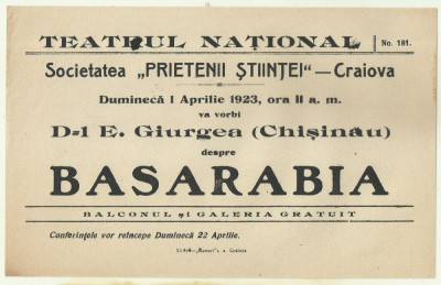 Afis Conferinta E.Giurgea : BASARABIA - 1923 foto