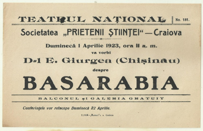 Afis Conferinta E.Giurgea : BASARABIA - 1923