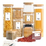 Set 14 Recipiente pătrate din sticlă borosilicată cu capac din bambus etanș Koken, pentru depozitarea alimentelor uscate și cerealelor