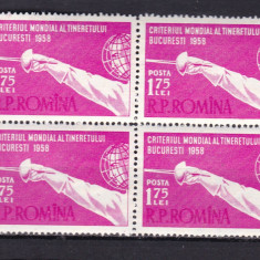 ROMANIA 1958 LP 453 CRITERIUL MONDIAL AL TINERETULUI BLOC DE 4 TIMBRE MNH