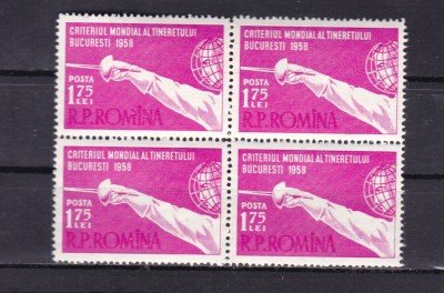 ROMANIA 1958 LP 453 CRITERIUL MONDIAL AL TINERETULUI BLOC DE 4 TIMBRE MNH foto