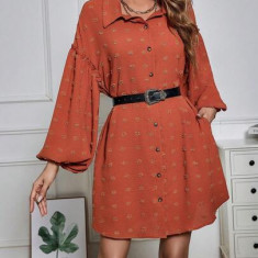 Rochie mini, stil camasa, cu maneci bufante, portocaliu