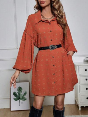 Rochie mini, stil camasa, cu maneci bufante, portocaliu foto