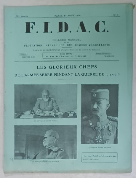 FIDAC , BULLETIN MENSUEL DE FEDERATION INTERALIEE DES ANCIENS COMBATTANTS , NO. 8 , 1926