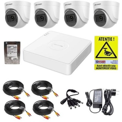 Kit supraveghere Hikvision 4 camere 2MP Audio IR 20m Lentila 2.8mm, DVR 4 canale 2MP, accesorii, HDD 500GB + Cadou Autocolant Rovision SafetyGuard Sur foto