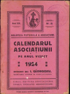 867SPN Calendarul Asociațiunii pe anul visect 1924 semnătură Ștefan Meteș foto