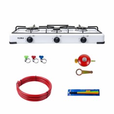 Aragaz 3 ochiuri 62x30 cm cu accesorii: ceas butelie, furtun 2 m, coliere, aprinzator alb