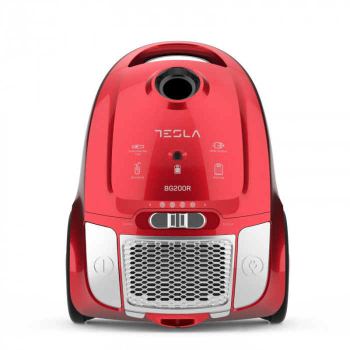 Aspirator cu sac Tesla BG200R, 800W, 2 litri, filtru lavabil HEPA, 76 dB, Roșu