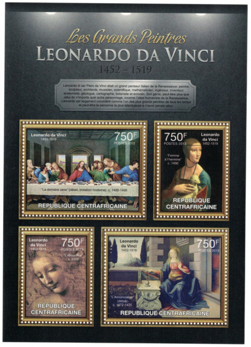 AFRICA CENTRALA 2013 - Picturi, Leonardo da Vinci /set complet - colita+bloc MNH