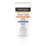 Loțiune de Față Neutrogena Clear Face SPF 50, fără ulei, pentru ten predispus la acnee, rezistentă la apă, 88 ml