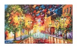 Cumpara ieftin Tablou peisaj citadin pictat manual, La ceas de seara, la lumina felinarelor, 120x70cm ulei pe panza in releif efect 3D