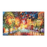 Tablou peisaj citadin pictat manual, La ceas de seara, la lumina felinarelor, 120x70cm ulei pe panza in releif efect 3D