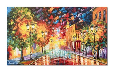 Tablou peisaj citadin pictat manual, La ceas de seara, la lumina felinarelor, 120x70cm ulei pe panza in releif efect 3D foto