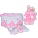 Set elegant trusou botez, cutie trusou si lumanare iepuras pufos, dantela si