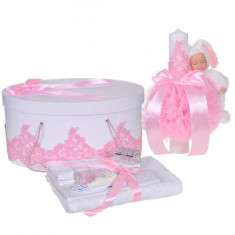 Set elegant trusou botez, cutie trusou si lumanare iepuras pufos, dantela si