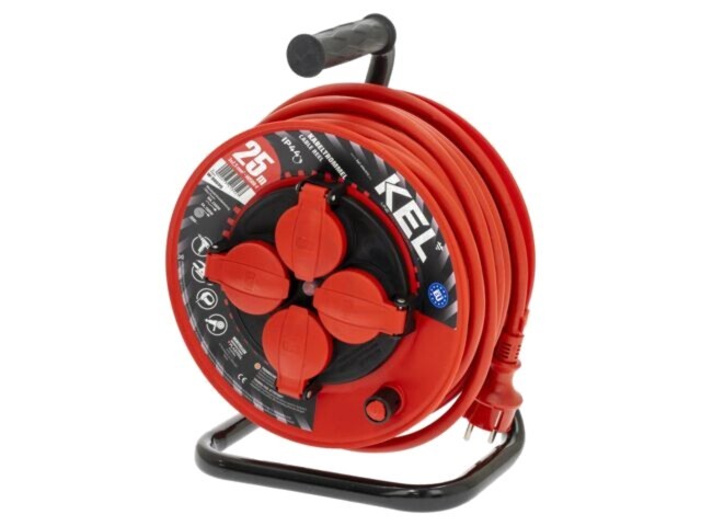 Prelungitor alimentare 3x2,5mm&sup2; bobinat cu 4 prize KEL, guma roșie