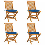 vidaXL Scaune de grădină cu perne albastre, 4 buc., lemn masiv de tec 3062593