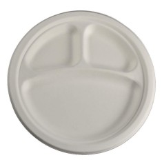 Farfurie Rotunda Biodegradabila, 22.5 cm, 50 Buc/Set, Trestie de Zahar, 3 Compartimente, Farfurie Biodegradabila din Trestie de Zahar, Farfurie Rotund foto