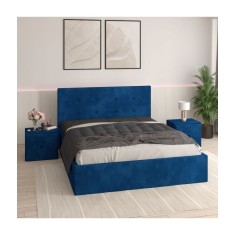 Pat Tapitat Filip Albastru + Saltea Lux Ortopedica + Noptiere Tapitate 160x200cm