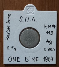 One dime 1907, SUA, argint