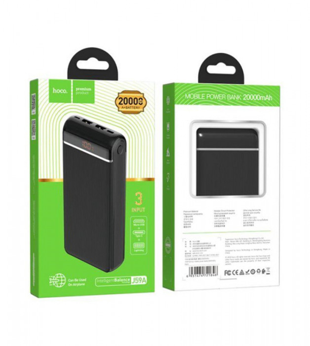 HOCO J59A 20000mAh USB-C 2x USB 5V/2A Power Bank Powerbank-Culoare Negru