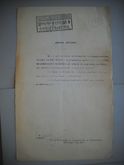 HOPCT DOCUMENT VECHI 391 MINISTERUL INDUSTRIEI COMERT EXTERIOR /BUCURESTI 1936