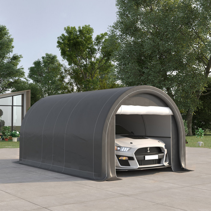 Outsunny 3 x 5 m Sopron auto, Garaj / Cort de depozitare portabil de mare capacitate cu usa mare cu fermoar, Copertina PE Anti-UV pentru masina, camio