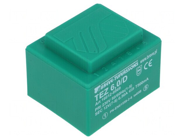 Transformator &icirc;ncapsulat 6VA 230VAC 12V 500mA PCB IP00