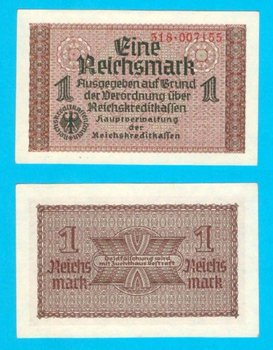 Germania (p#R136) 1 Reichsmark 1939 aUNC &#039;Reichskreditkassenschein&#039; serie: 318.007155