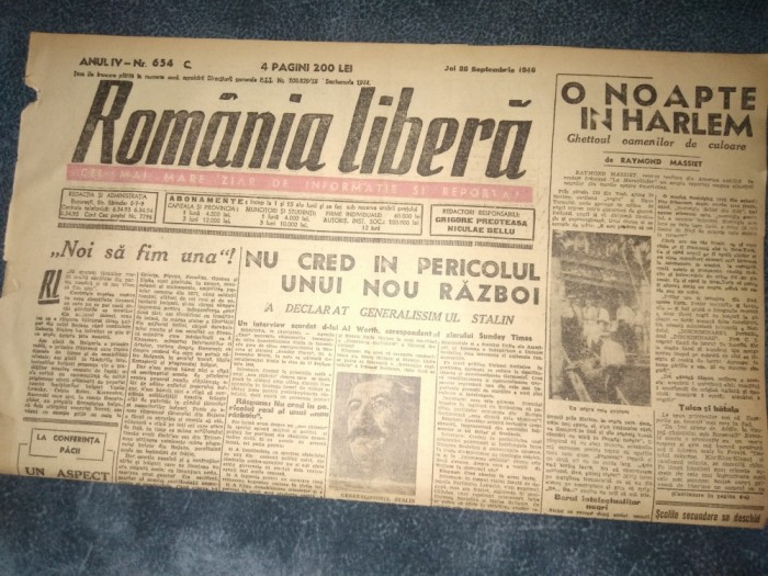 ZIAR ROMANIA LIBERA 26 SEPTEMBRIE 1946