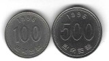 Coreea de Sud , lot 44 / 2buc - 100 + 500 Won 1996