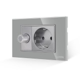 Intrerupator cu variator si priza Luxion, rama din sticla gri, standard italian 3M