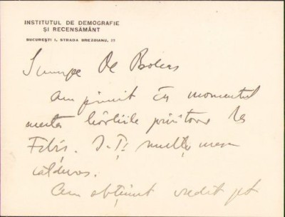 A413 Notă olografă Sabin Manuilă către Lucian Bolcaș, 1935 foto