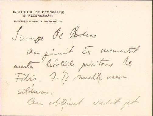 A413 Notă olografă Sabin Manuilă către Lucian Bolcaș, 1935