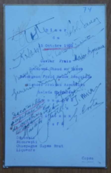 Meniu Capsa , Dineul din 15 Oct. 1931 , semnaturi