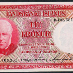 ISLANDA █ bancnota █ 10 Kronur █ L. 1928 █ P-33a █ UNC █ necirculata