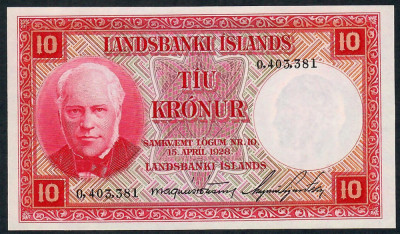 ISLANDA █ bancnota █ 10 Kronur █ L. 1928 █ P-33a █ UNC █ necirculata foto