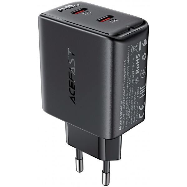 Incarcator Retea Acefast A49, 35W, 3A, 2 x USB-C, Negru